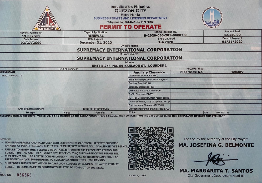 Supremacy International Corporation Legalities Business Permits License about company
